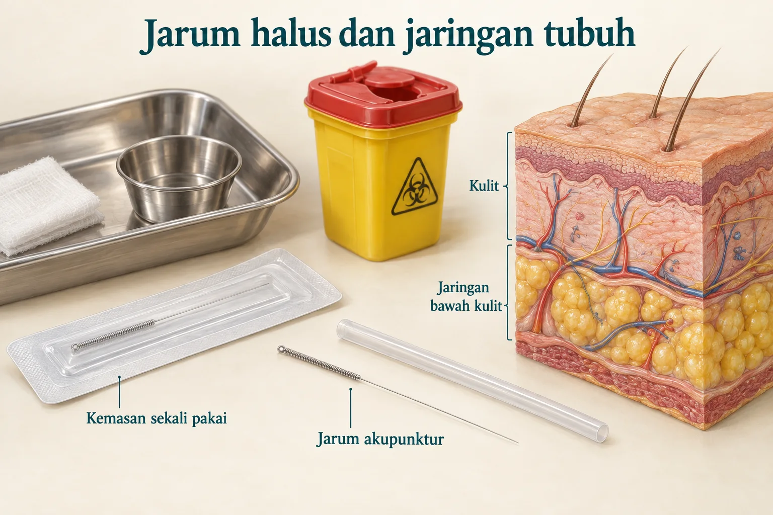 Jarum akupunktur steril sekali pakai, wadah benda tajam, dan ilustrasi lapisan kulit serta jaringan bawah kulit.
