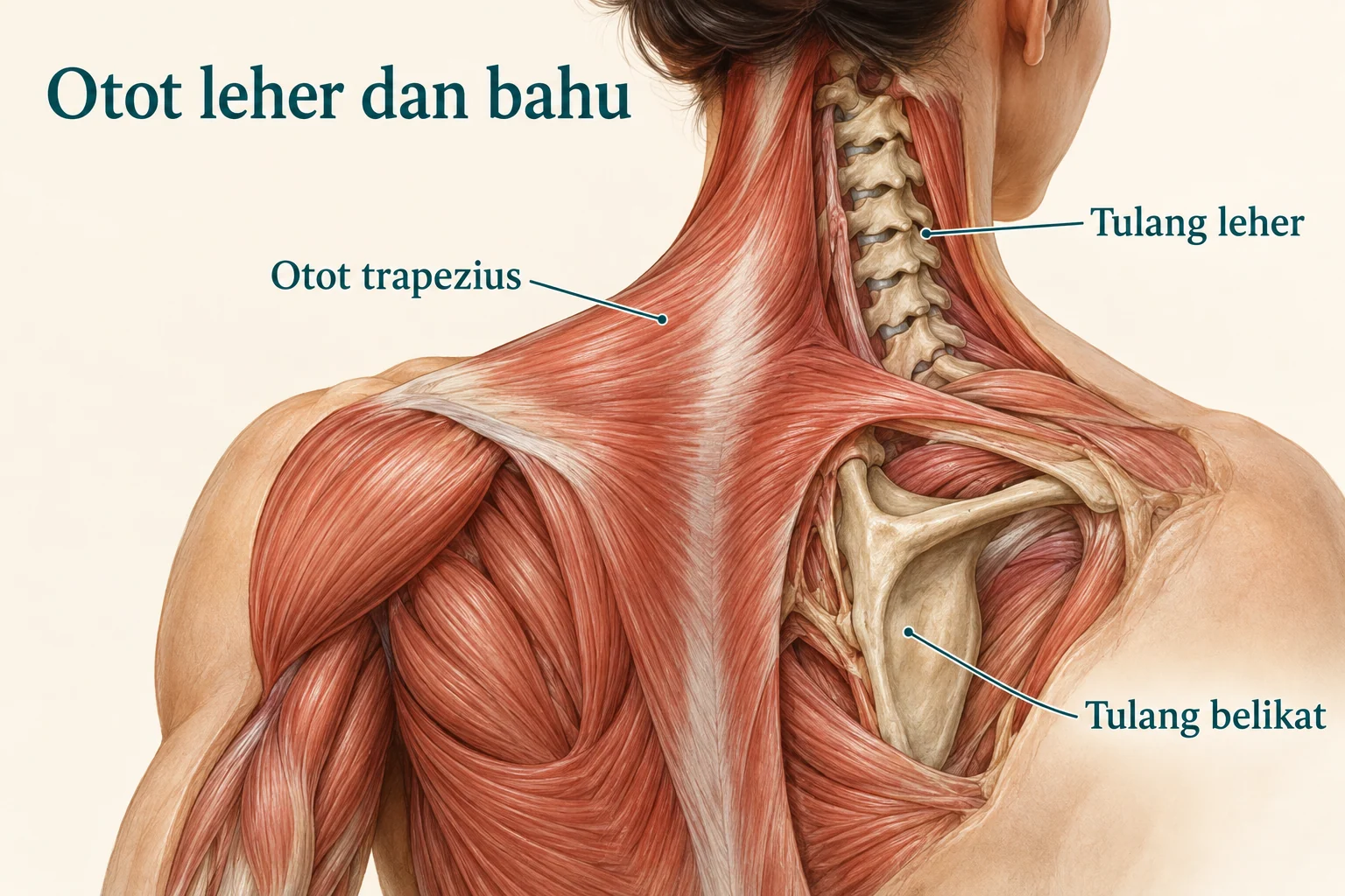 Ilustrasi anatomi otot leher dan bahu yang menampilkan otot trapezius, tulang leher, dan tulang belikat.