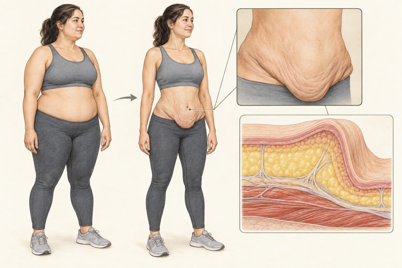 Setelah berat badan turun, kelebihan kulit dan kestabilan berat badan menjadi bagian penilaian body contouring. Perbandingan menggambarkan penurunan berat badan, bukan hasil operasi. Ilustrasi edukatif AI.