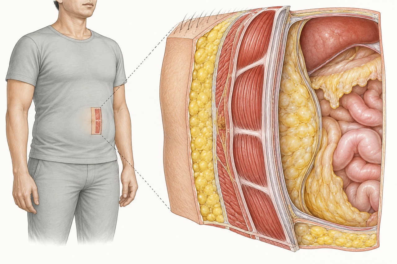 Lapisan kulit, lemak bawah kulit, otot, dan jaringan di rongga perut ditampilkan secara skematis. Liposuction tidak sama dengan pengobatan lemak di sekitar organ. Ilustrasi edukatif AI.