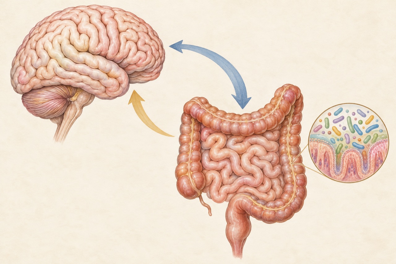 Otak dan saluran cerna saling memengaruhi melalui berbagai jalur biologis. Panah menunjukkan komunikasi dua arah secara konseptual, bukan bukti bahwa pencucian usus meningkatkan fungsi otak. Ilustrasi edukatif AI.