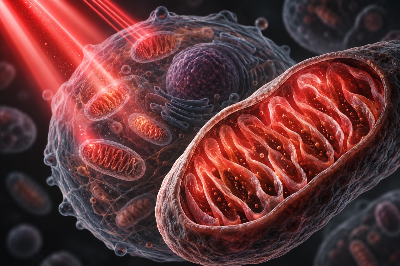 Ilustrasi konseptual photobiomodulation dan respons sel. Tidak menunjukkan dosis atau hasil klinis tertentu.