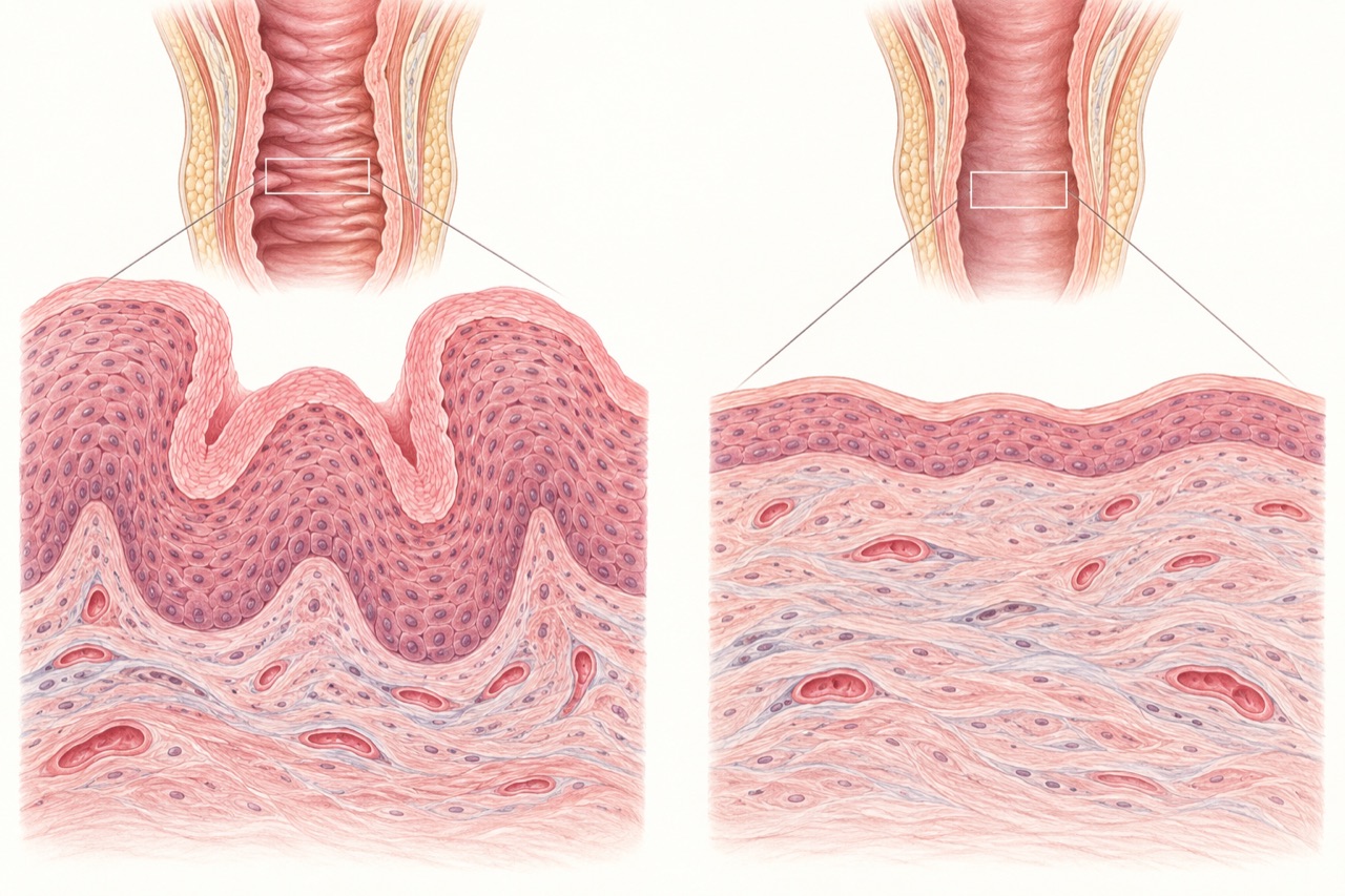 Perbandingan skematis mukosa vagina dengan lipatan dan lapisan epitel yang lebih tebal di kiri, serta lebih tipis di kanan. Bukan hasil mikroskop pasien. Ilustrasi edukatif AI.