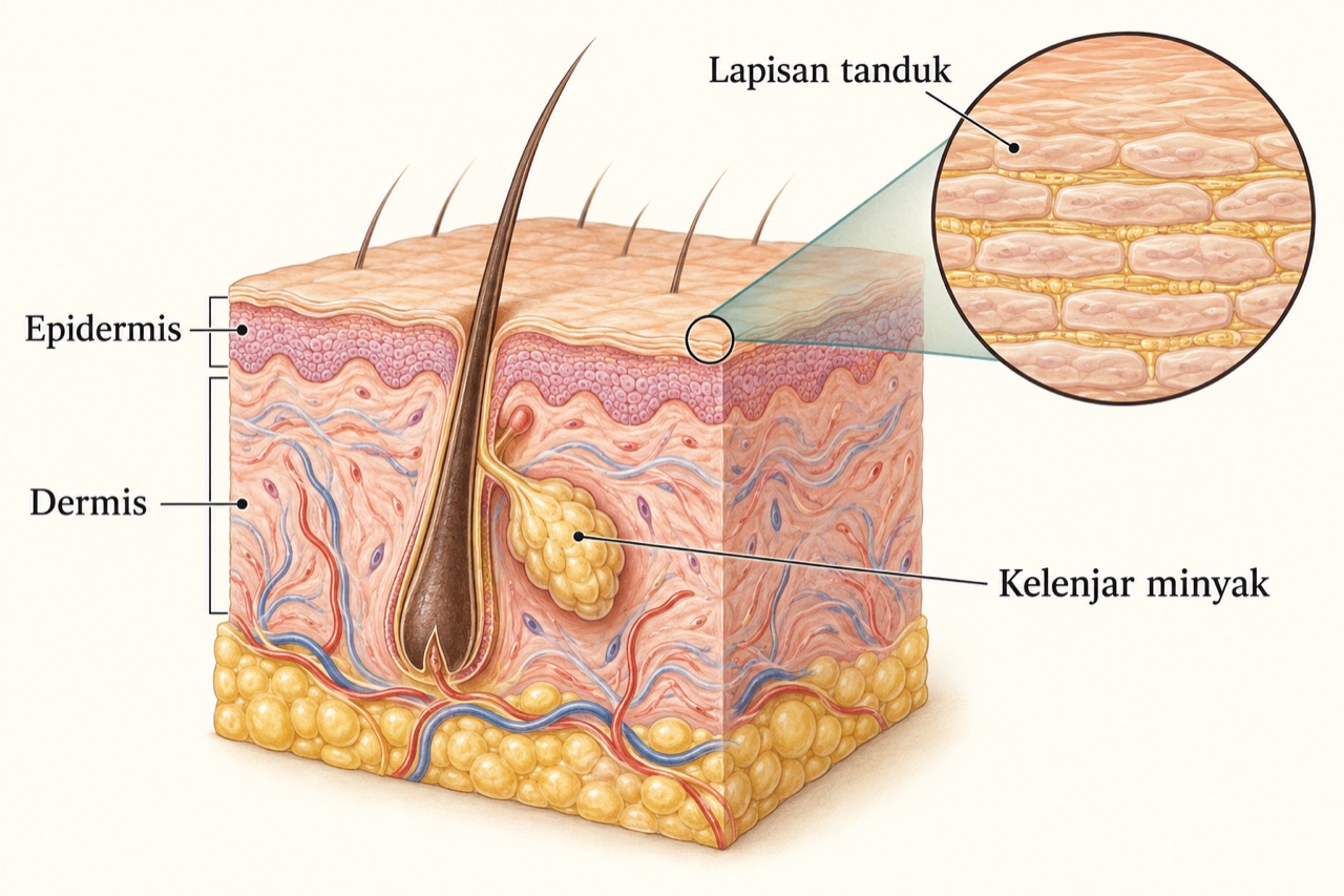 Penampang kulit dengan epidermis, dermis, folikel rambut, dan kelenjar minyak