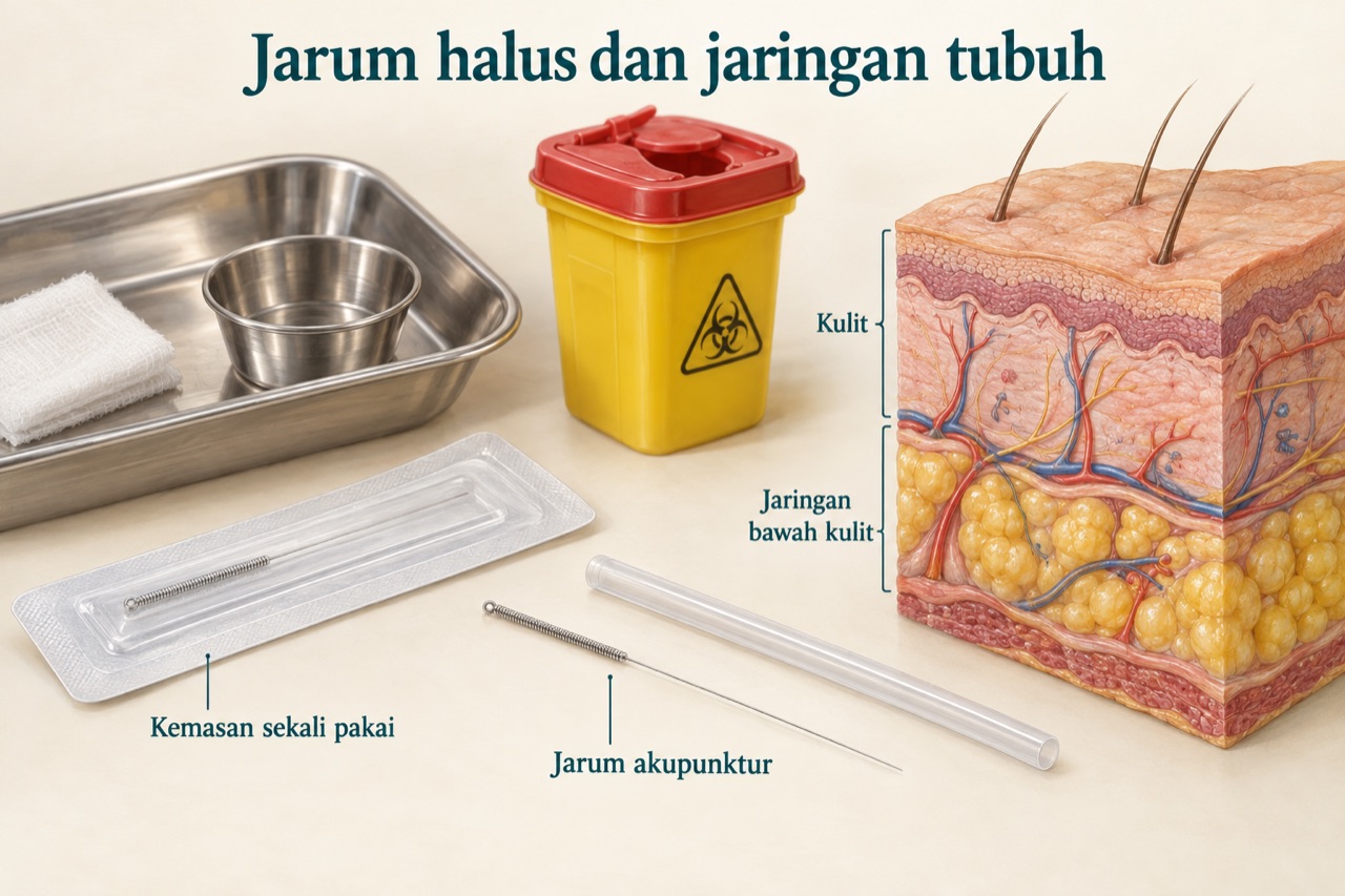 Jarum akupunktur steril sekali pakai, baki tindakan, dan wadah benda tajam untuk keselamatan prosedur.