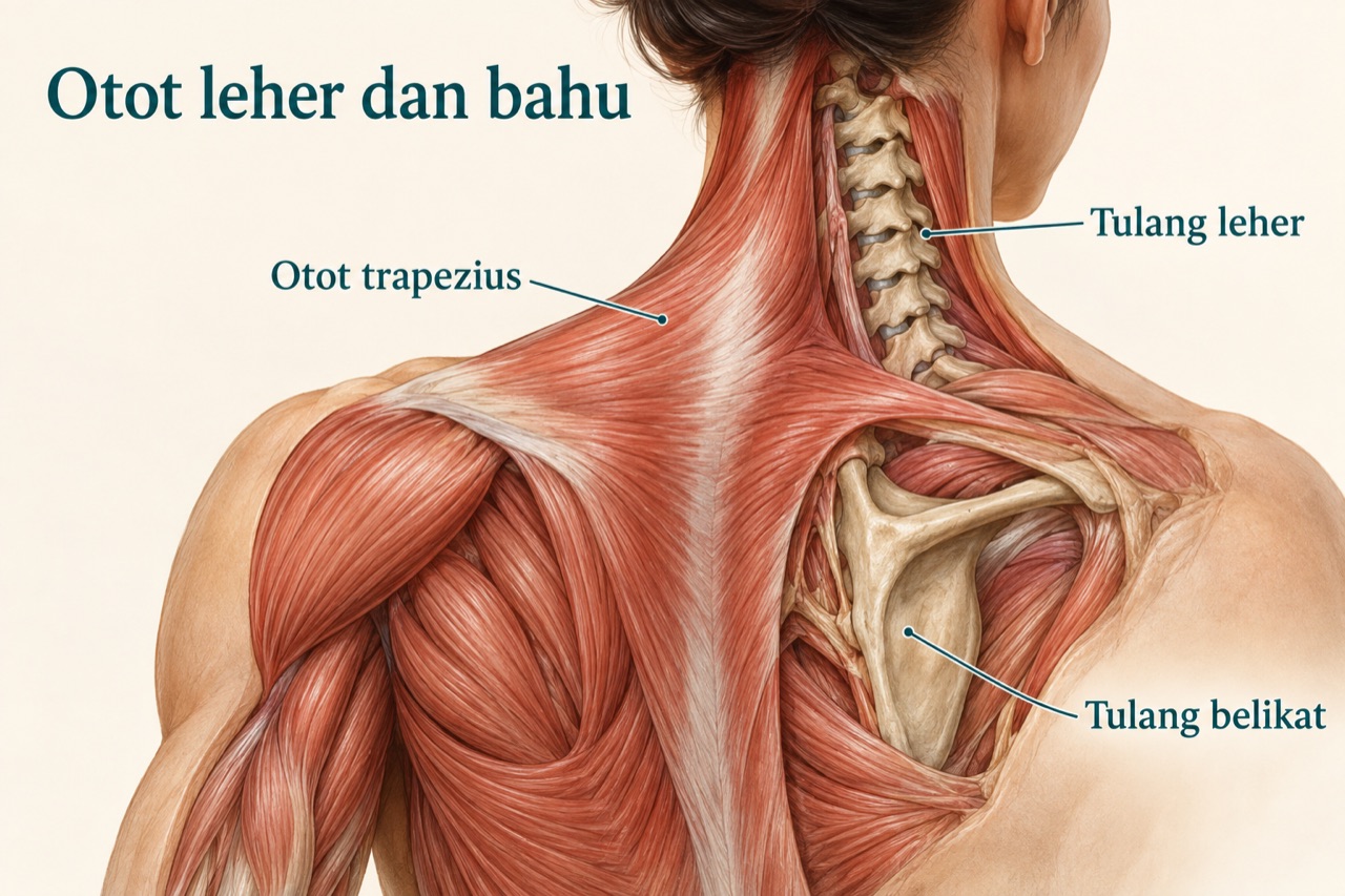 Ilustrasi anatomi otot leher dan bahu yang menampilkan otot trapezius, tulang leher, dan tulang belikat.