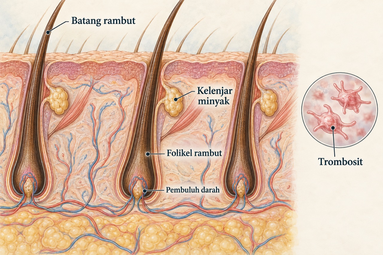 Ilustrasi folikel rambut, pembuluh darah, dan trombosit