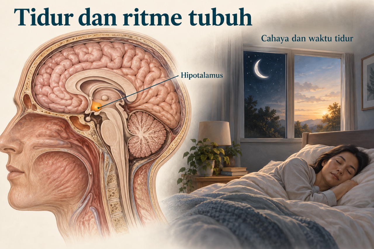 Ilustrasi hipotalamus dan hubungan cahaya dengan waktu tidur