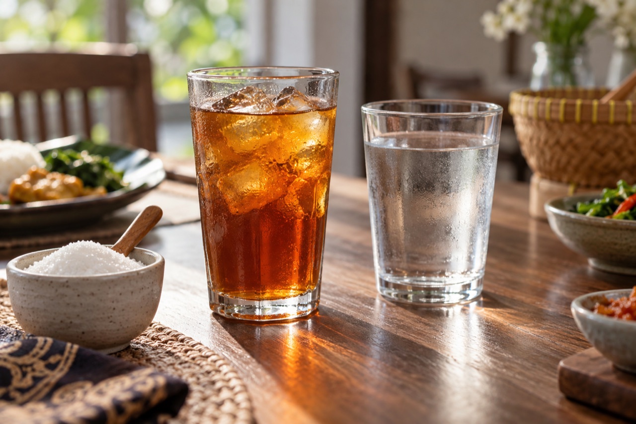 Ilustrasi minuman manis dan air putih. Tidak menggambarkan kadar gula atau efek biologis yang diukur.