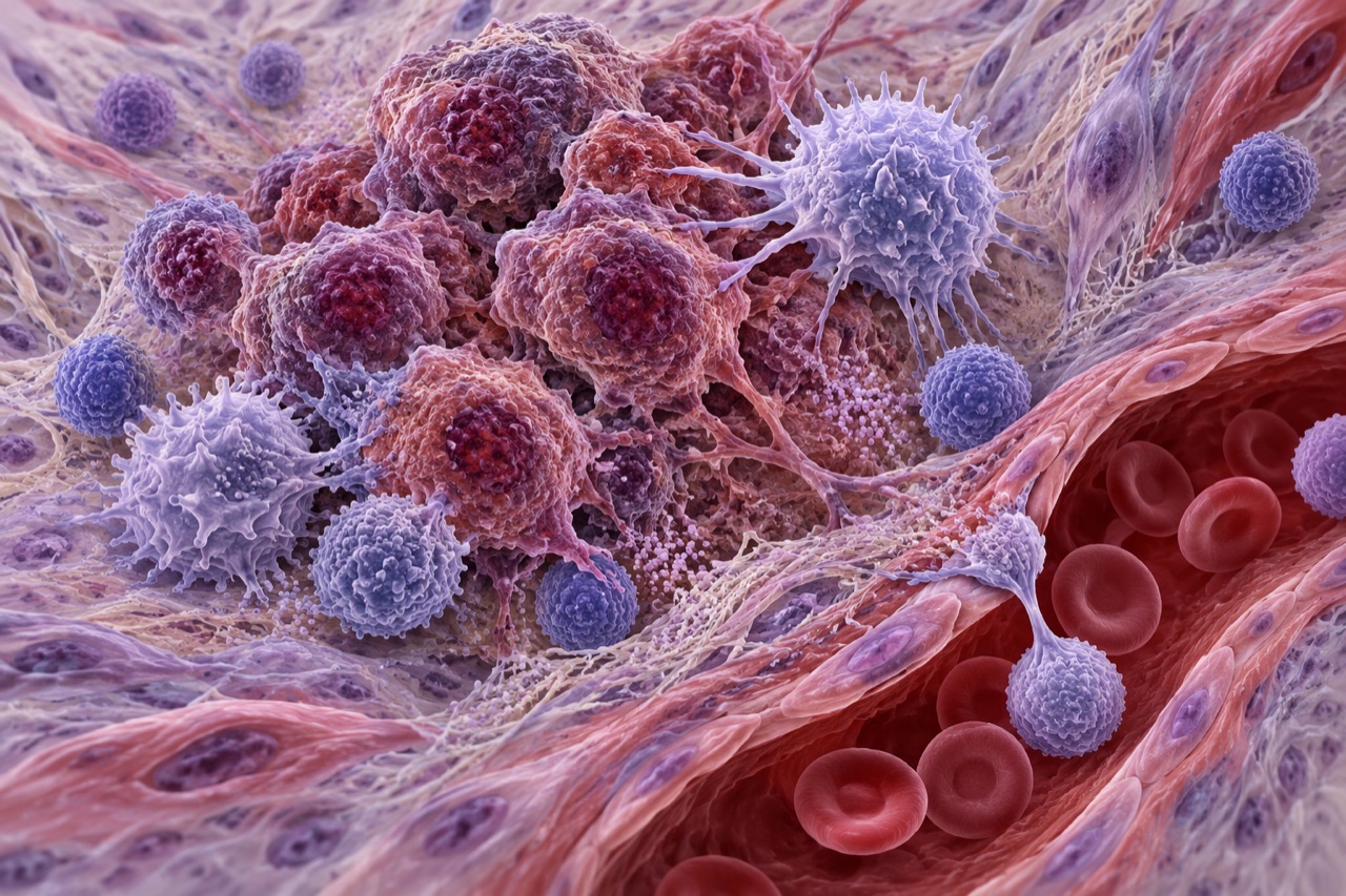 Ilustrasi lingkungan mikro tumor dan sel imun; penanda inflamasi tidak dapat sendiri memastikan kanker.