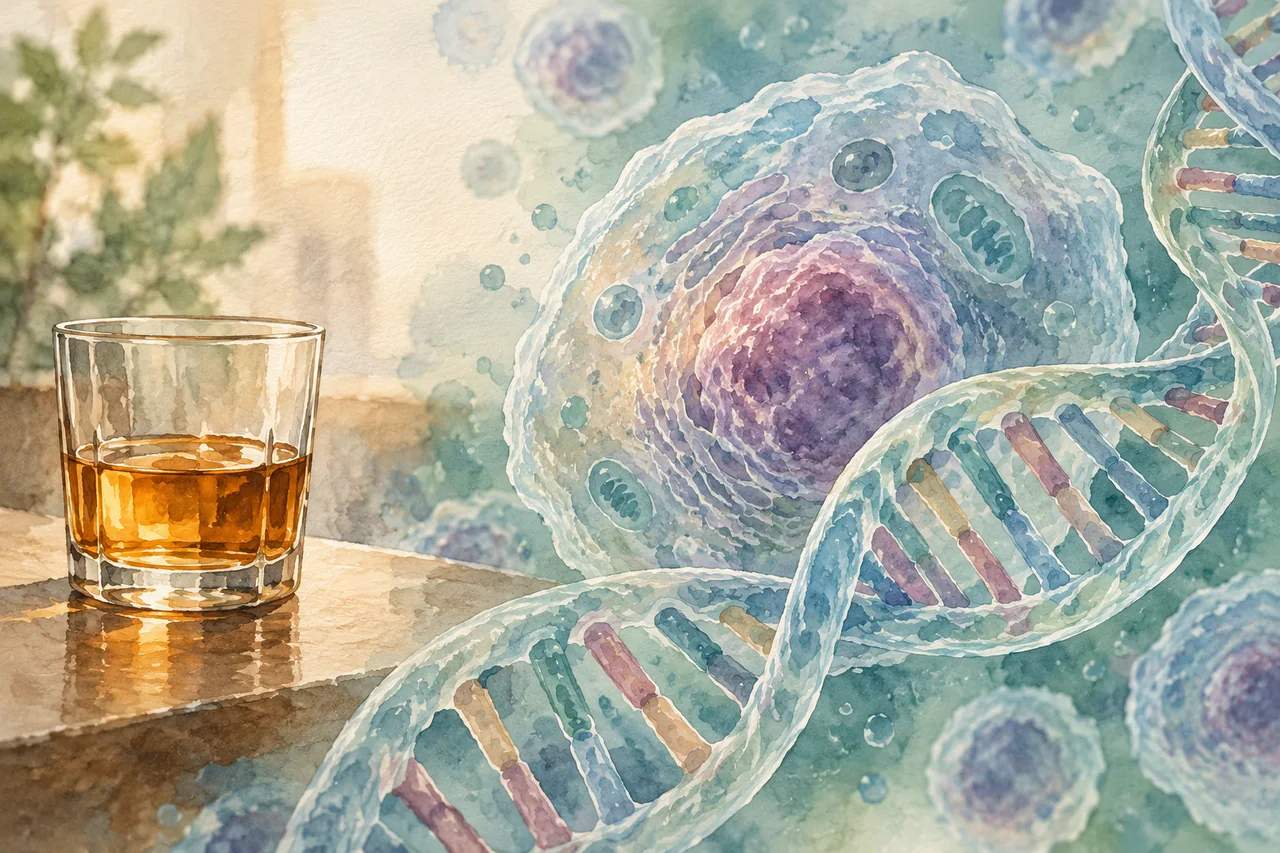 Gelas alkohol kecil dan motif sel serta DNA dalam ilustrasi konseptual penelitian risiko kanker.