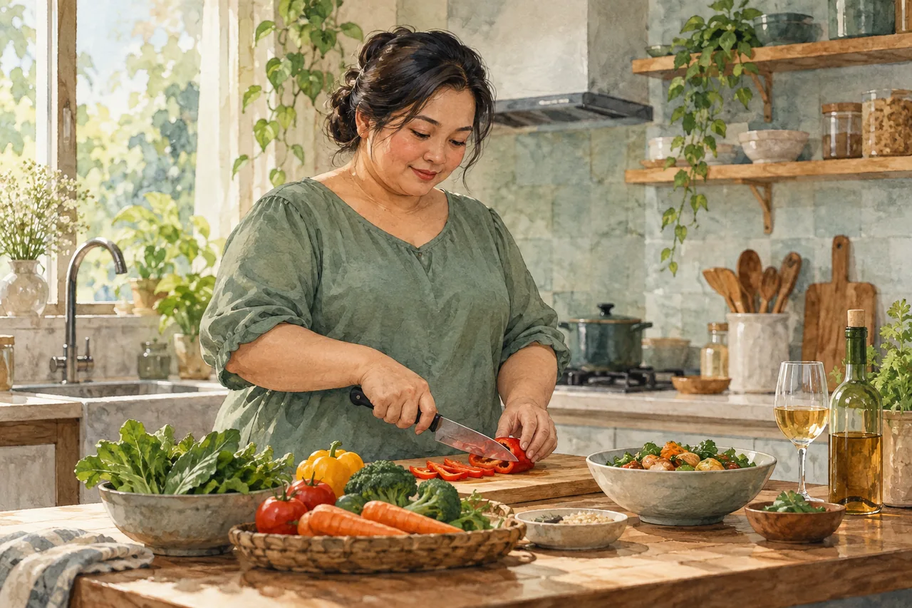 Orang dewasa menyiapkan makanan di dapur, dengan kebiasaan makan dan alkohol ditampilkan sebagai pertimbangan terpisah.
