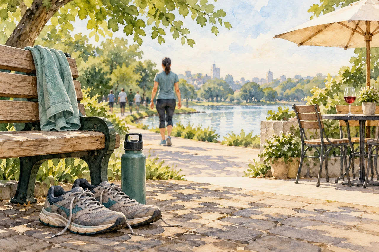Sepatu berjalan dan botol air di taman, dengan gelas alkohol terpisah jauh sebagai simbol dua kebiasaan berbeda.