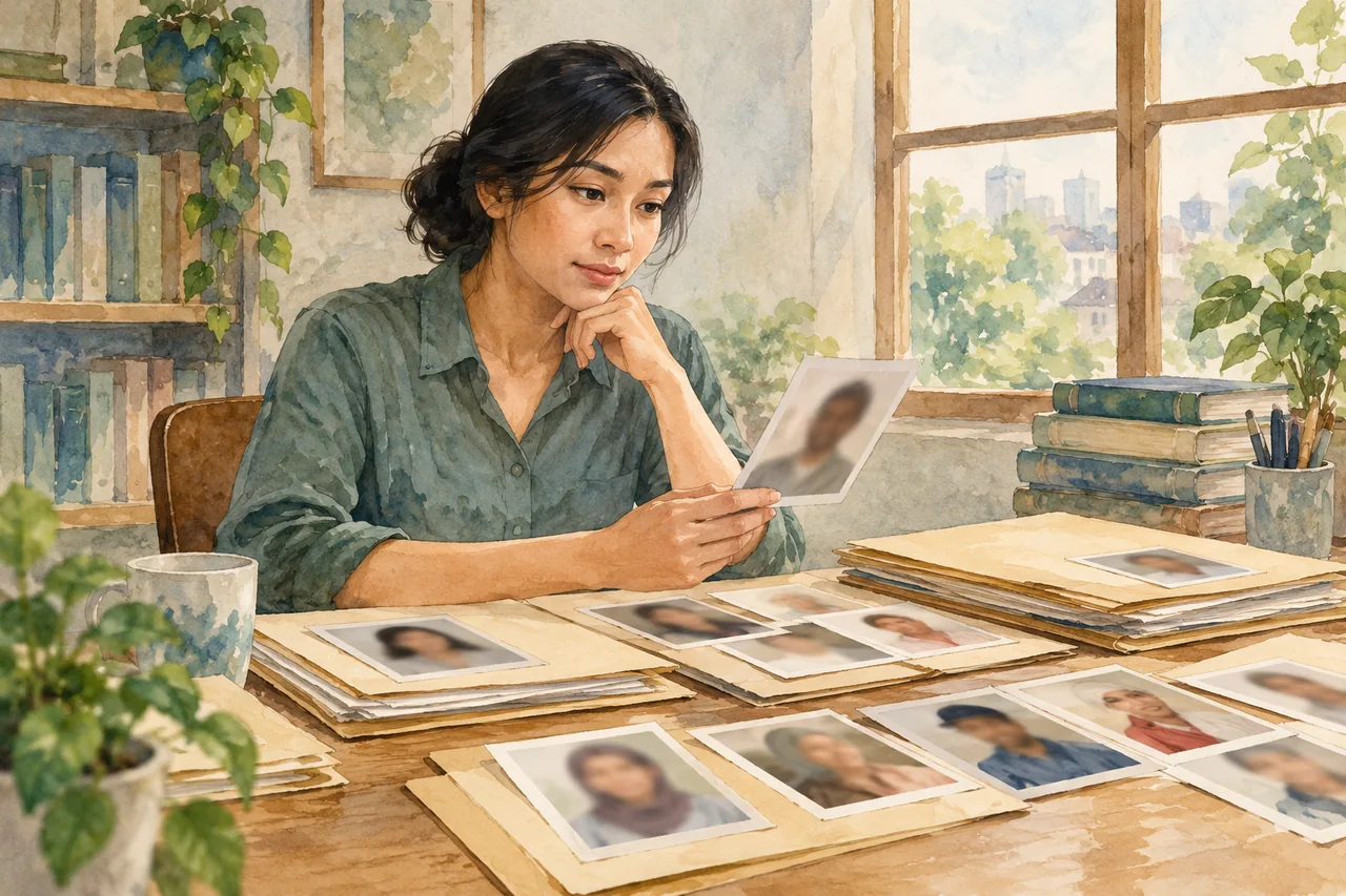 Peneliti memilah berkas dan bahan pengamatan sebagai ilustrasi cara membaca studi observasional.
