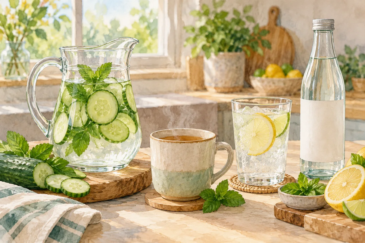 Air, teh, dan minuman alternatif di meja dapur, dengan botol yang labelnya dapat diperiksa.