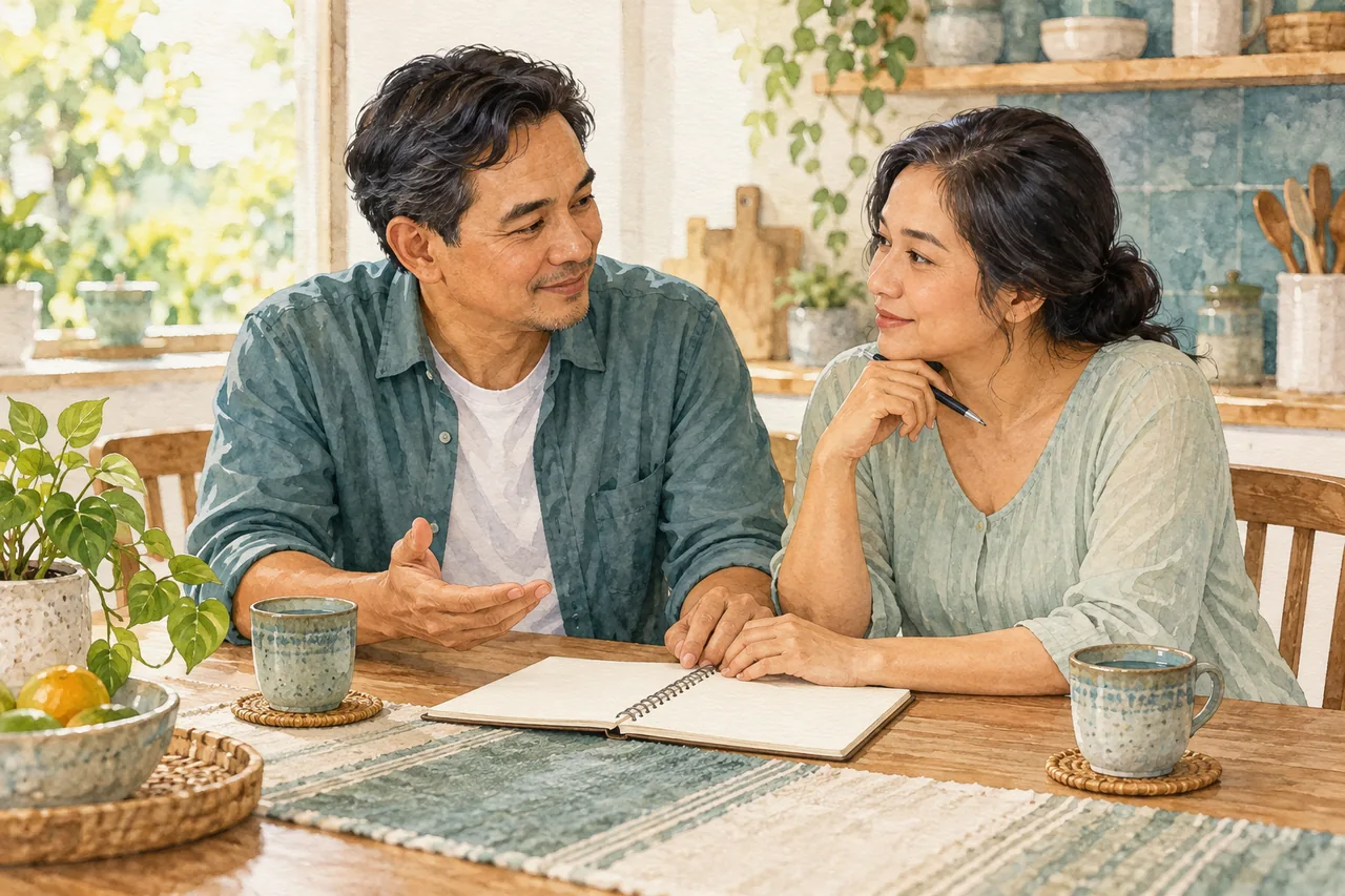 Pasangan berbicara setara tentang rencana perubahan kebiasaan dan dukungan yang disepakati.