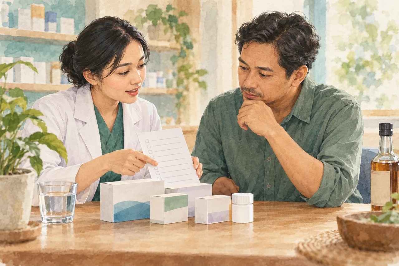Pasien dan apoteker meninjau obat, dengan simbol alkohol sebagai pengingat informasi yang perlu disampaikan.