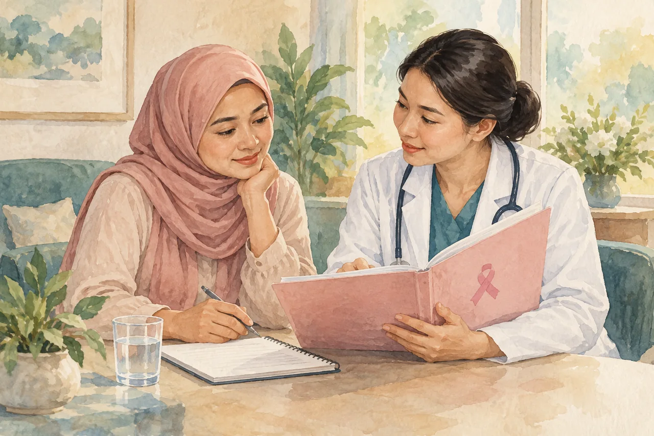 Pasien dan tim perawatan meninjau pertanyaan serta obat setelah diagnosis kanker.