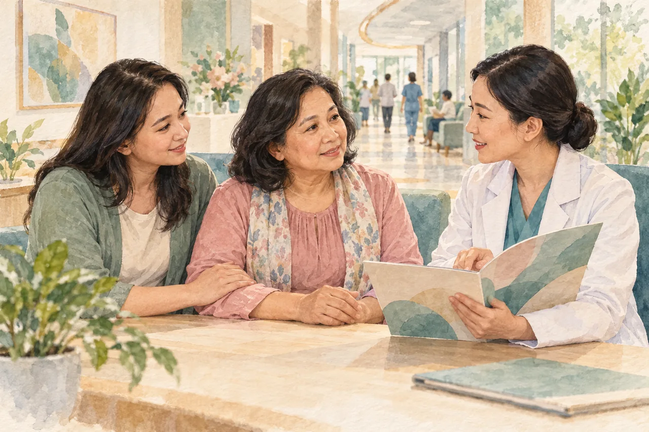 Ilustrasi cat air seorang perempuan dan pendampingnya membahas rencana layanan bersama tenaga kesehatan.