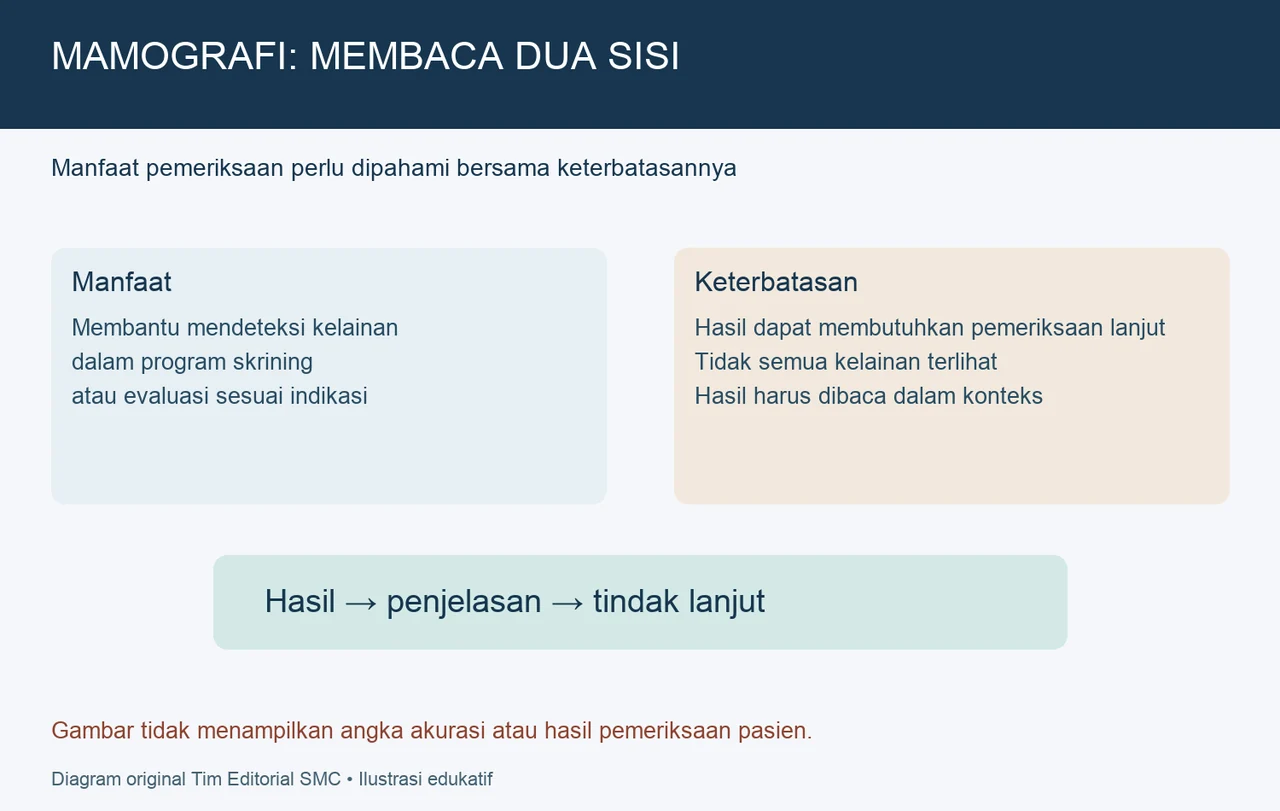 Perbandingan manfaat dan keterbatasan mamografi dengan tindak lanjut hasil.