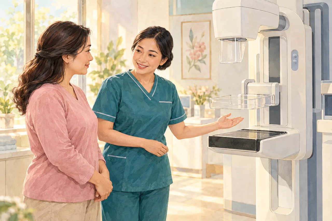 Petugas radiologi menjelaskan persiapan mamografi kepada seorang perempuan.