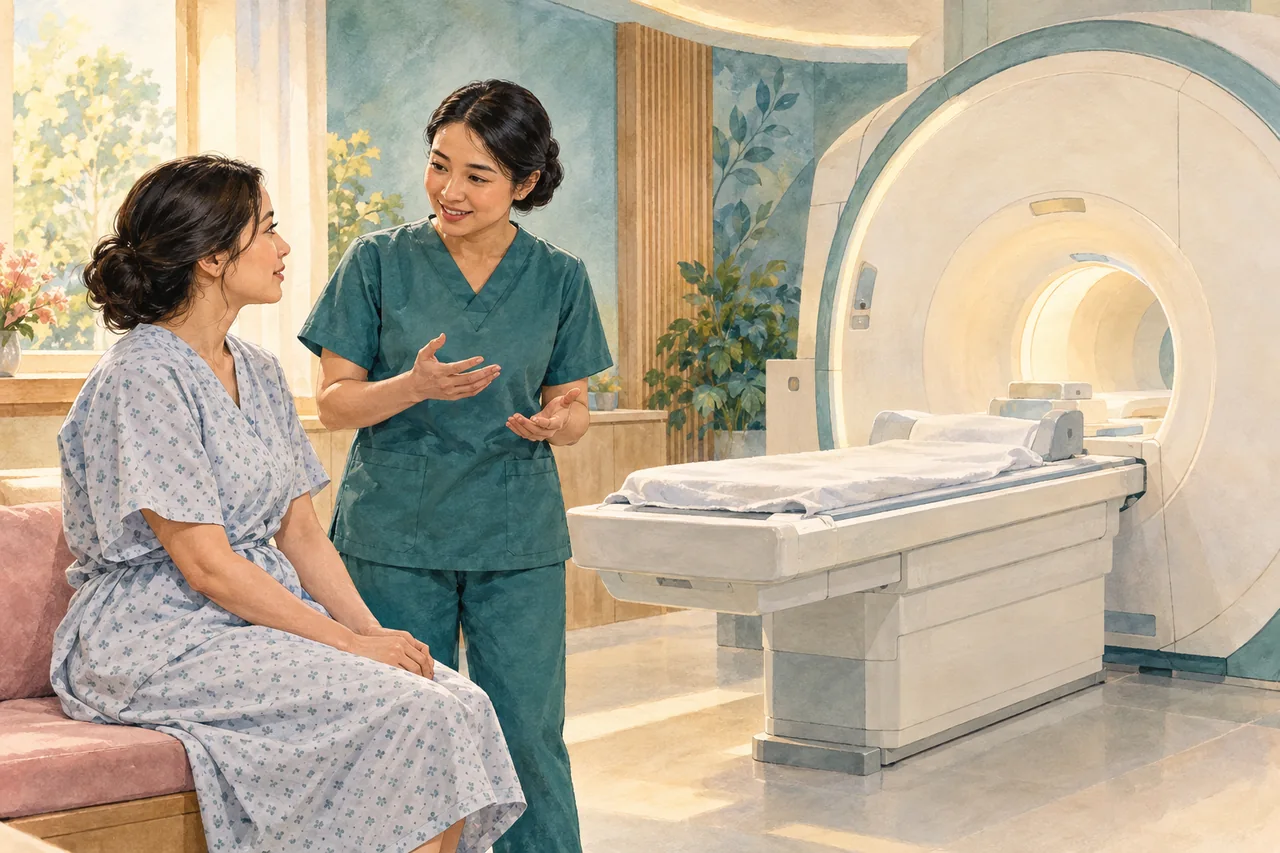 Perempuan berbicara dengan petugas sebelum pemeriksaan MRI.