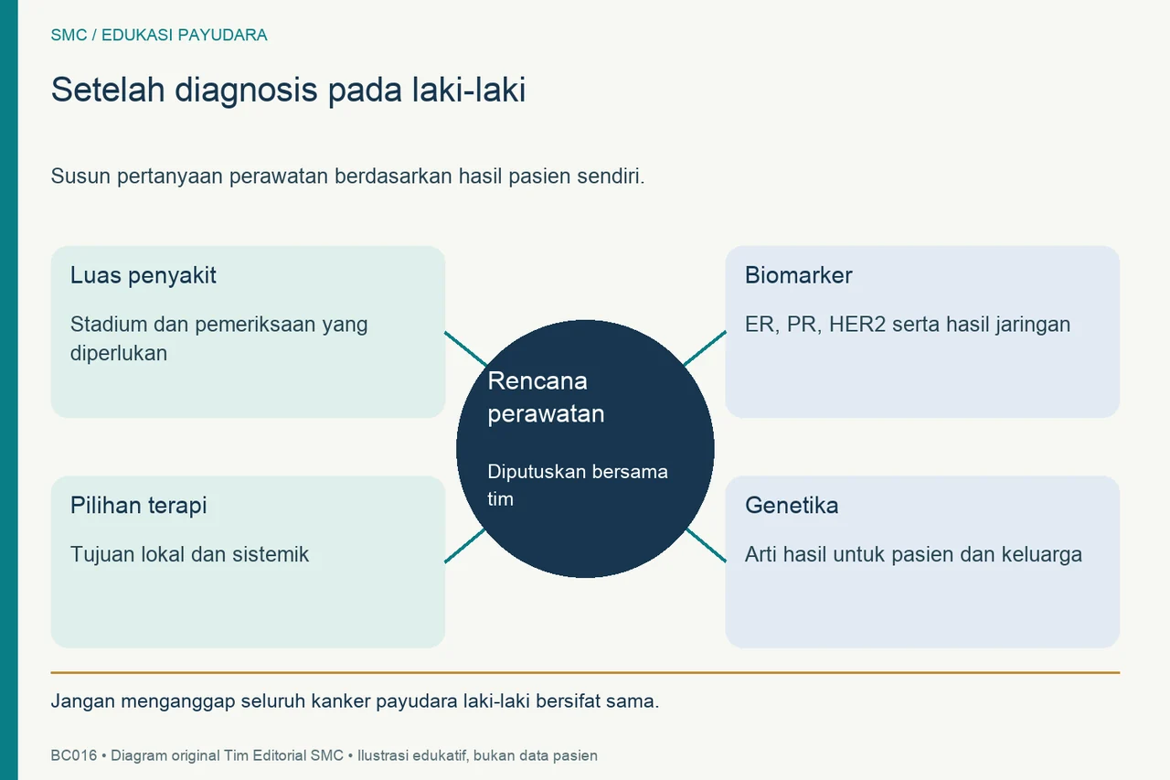 Peta pertanyaan setelah diagnosis kanker payudara laki-laki: luas penyakit, biomarker, terapi, dan genetika.