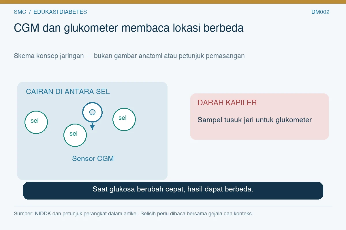 Skema cairan di antara sel untuk CGM dibandingkan darah kapiler untuk pemeriksaan glukometer.