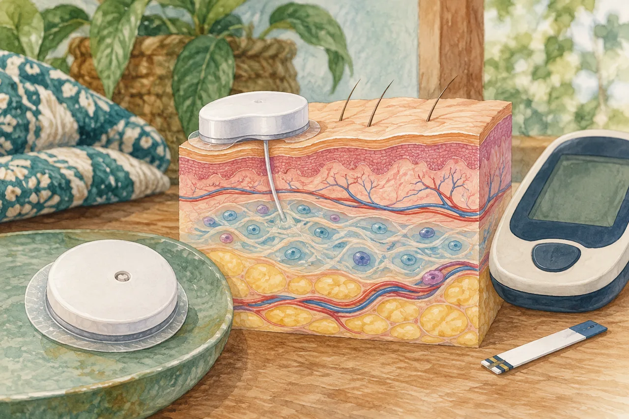 Ilustrasi konseptual sensor CGM dan alat tusuk jari sebagai dua cara pemantauan yang berbeda.