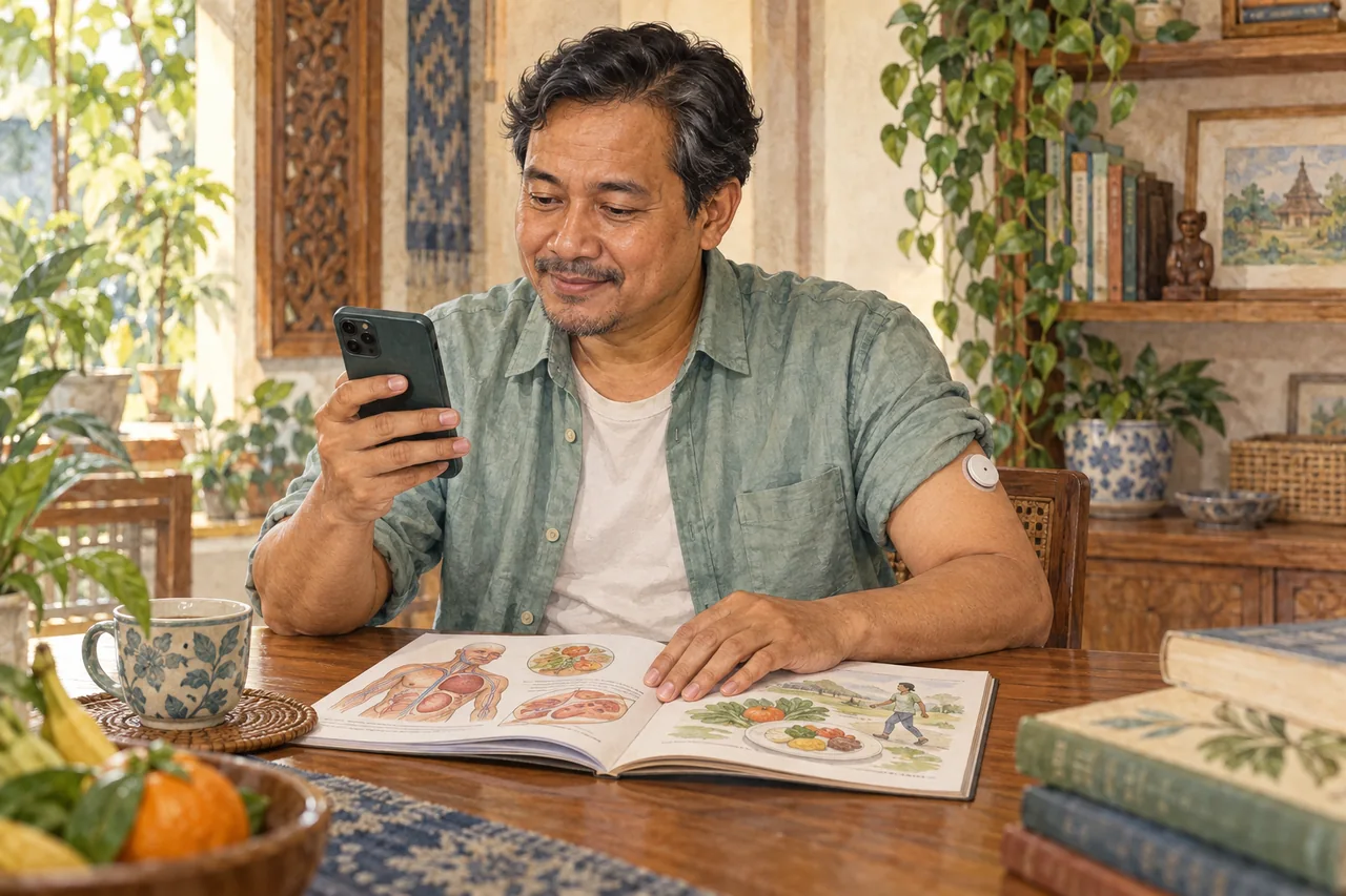 Ilustrasi seorang dewasa menelaah informasi pemantauan glukosa di rumah.