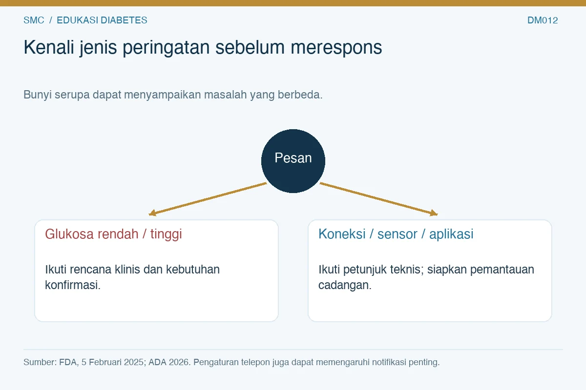 Percabangan pesan glukosa menuju rencana klinis dan pesan perangkat menuju petunjuk teknis serta pemantauan cadangan.