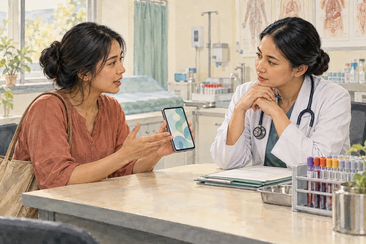 Ilustrasi mendiskusikan data sensor dan kebutuhan pemeriksaan diagnosis dengan tenaga kesehatan.