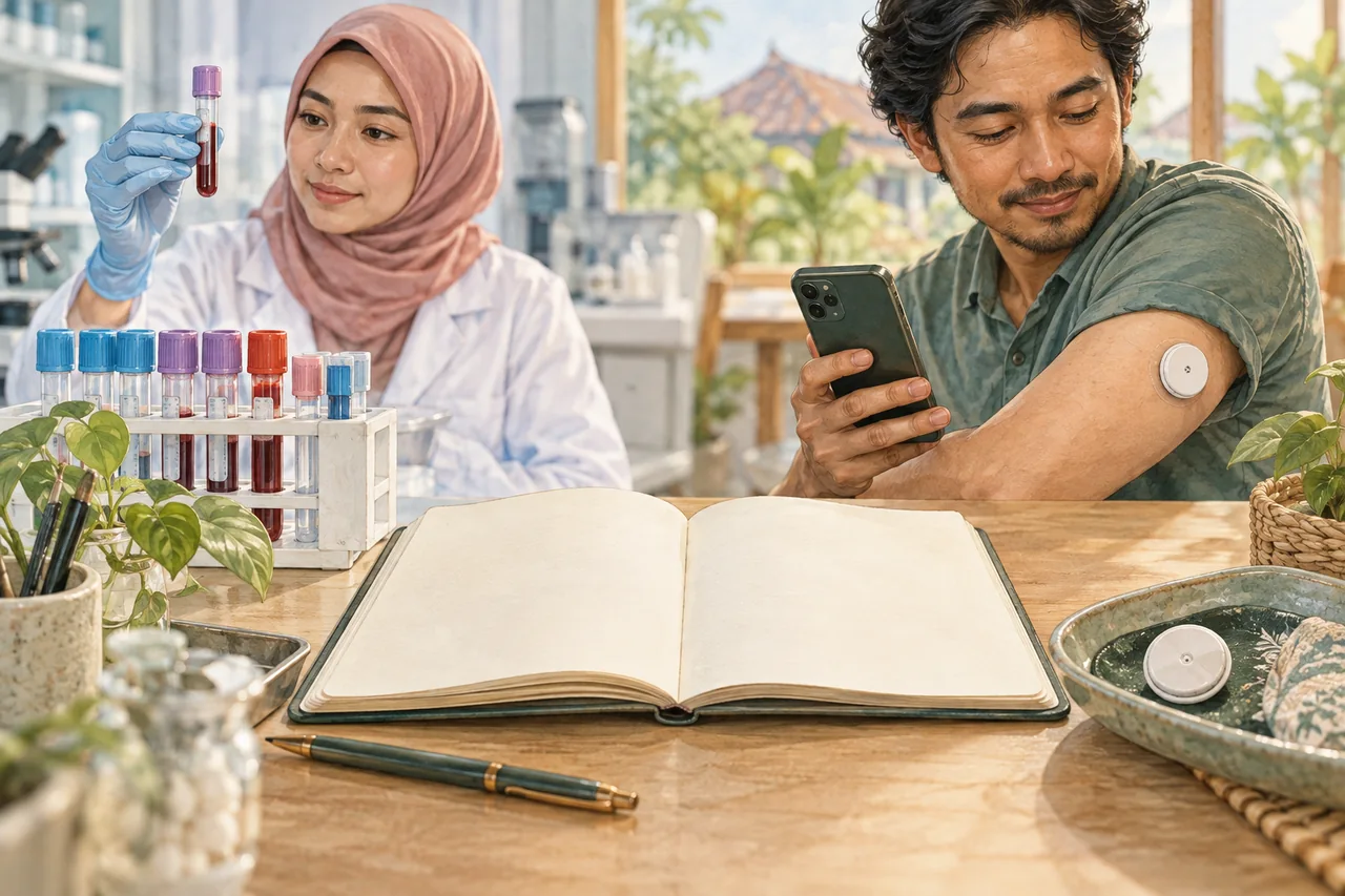 Ilustrasi pemeriksaan laboratorium dan sensor sebagai sumber informasi glukosa yang berbeda.