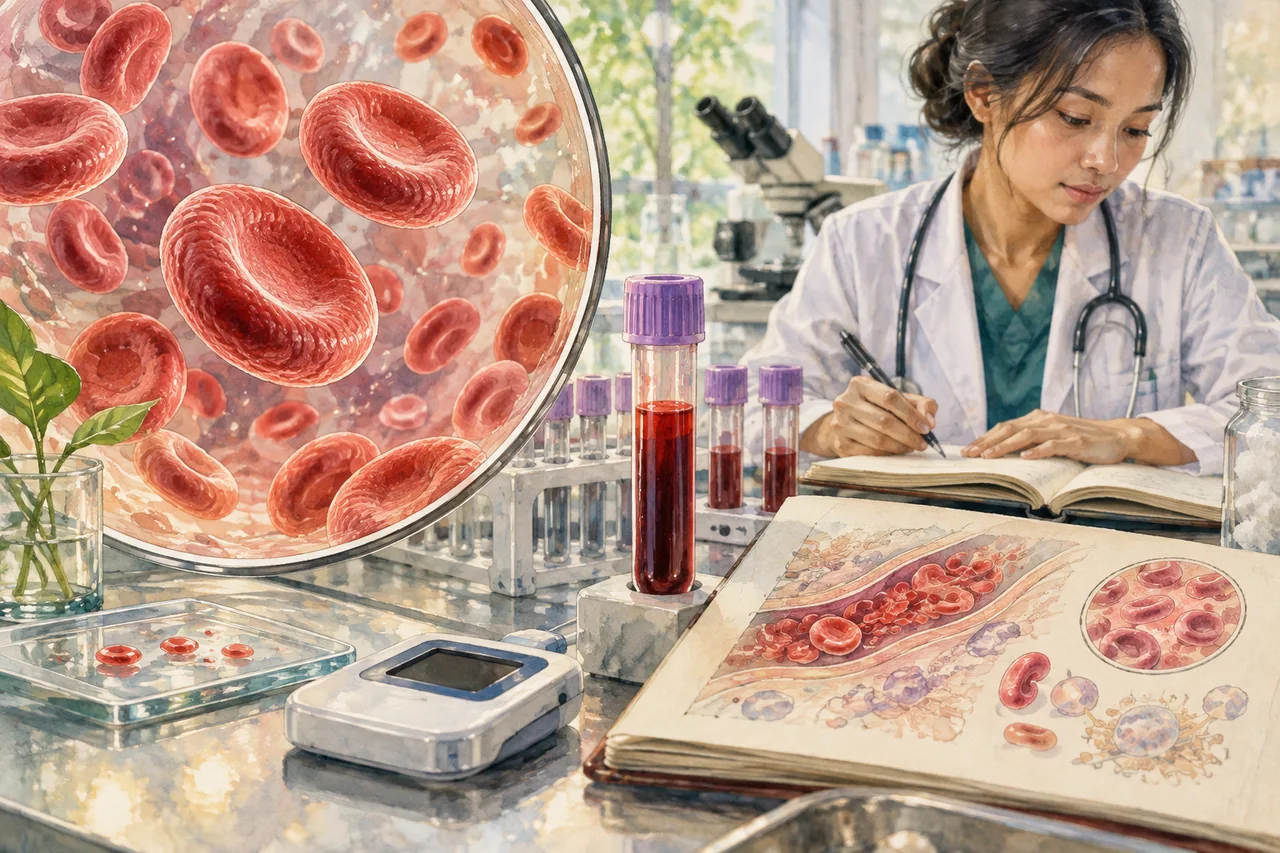Ilustrasi sel darah merah dan pemeriksaan laboratorium dalam penafsiran HbA1c.