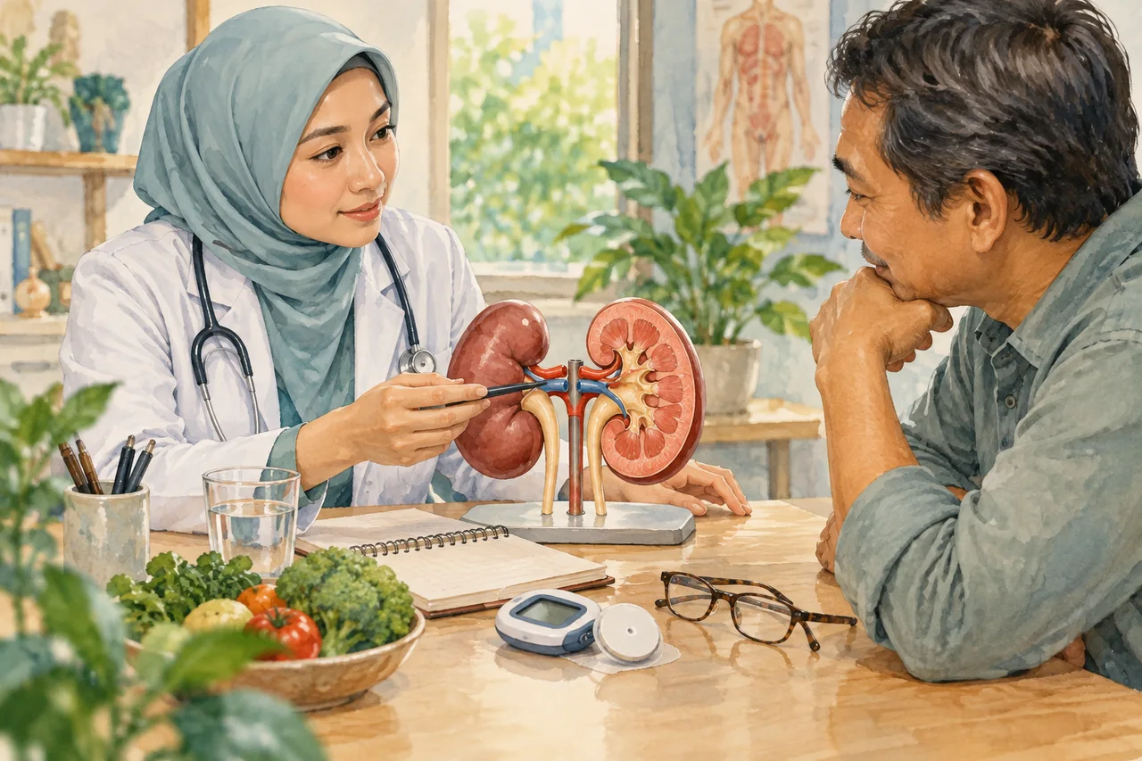 Ilustrasi model ginjal dan perangkat pemantauan untuk pembahasan sasaran glukosa individual.