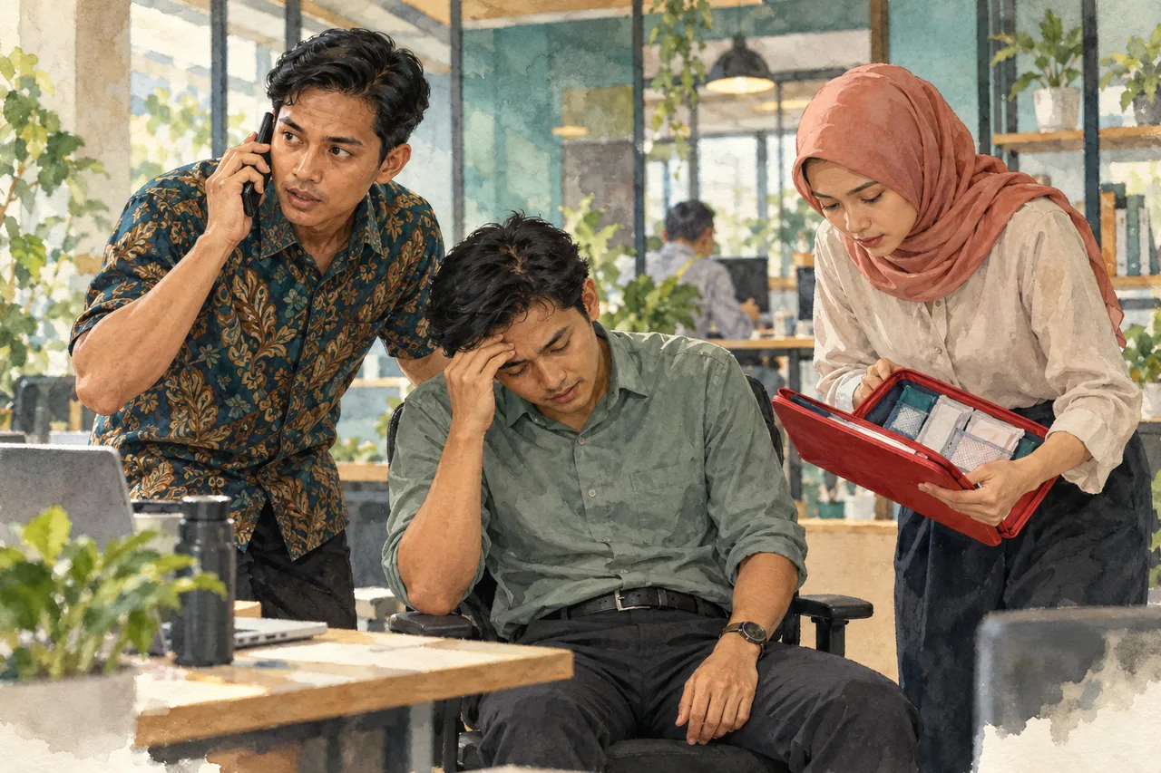 Rekan kerja menyiapkan pertolongan dan komunikasi darurat.