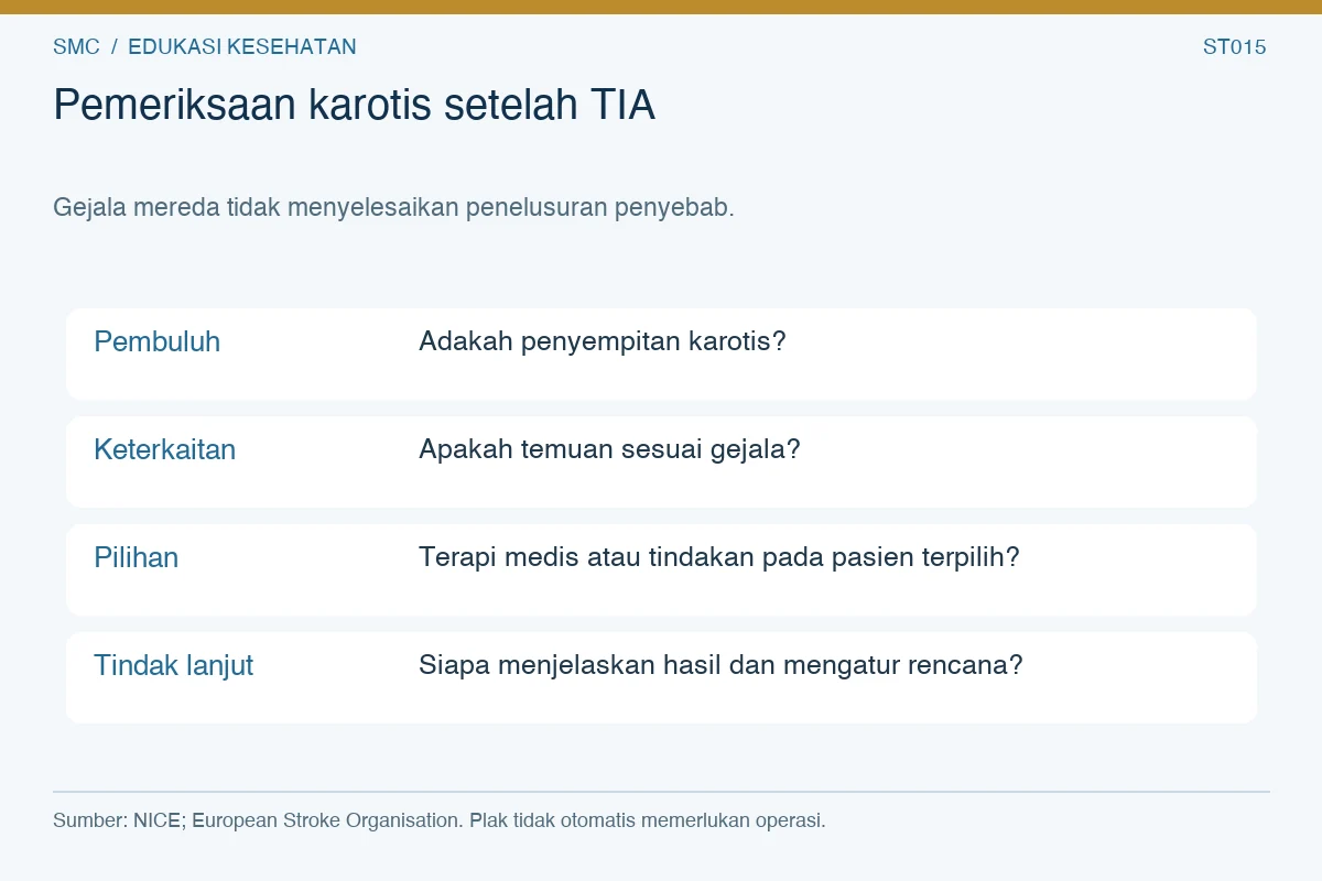 Pemeriksaan karotis setelah TIA. Pembuluh: Adakah penyempitan karotis? Keterkaitan: Apakah temuan sesuai gejala? Pilihan: Terapi medis atau tindakan pada pasien terpilih? Tindak lanjut: Siapa menjelaskan hasil dan mengatur rencana?