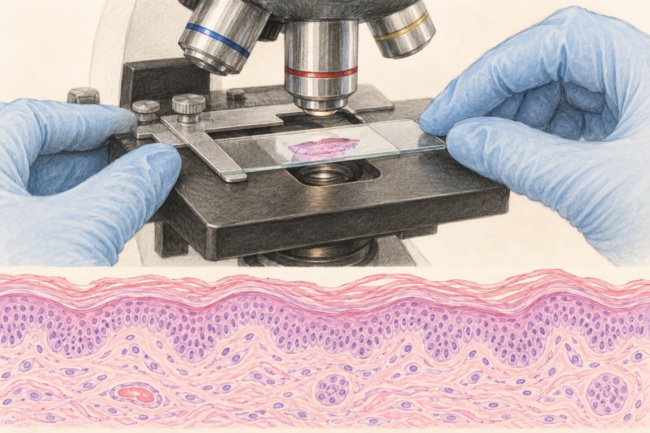 Pemeriksaan jaringan dapat menjadi bagian evaluasi penyakit kulit. Ilustrasi preparat dan mikroskop ini bukan hasil histologi pasien atau bukti respons terapi.