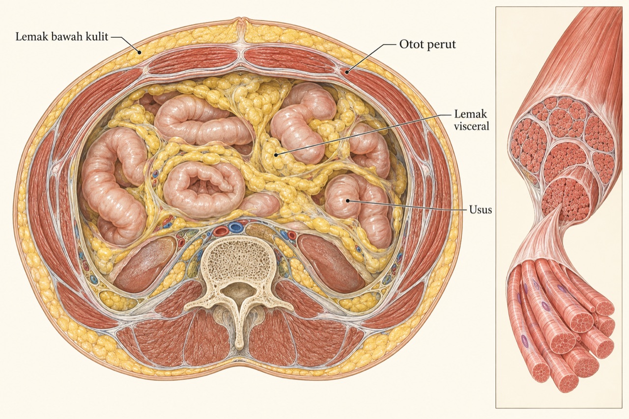 Lemak subkutan dan lemak viseral berada di lokasi yang berbeda. Ilustrasi memberi konteks metabolik, bukan hasil penurunan lemak setelah terapi.