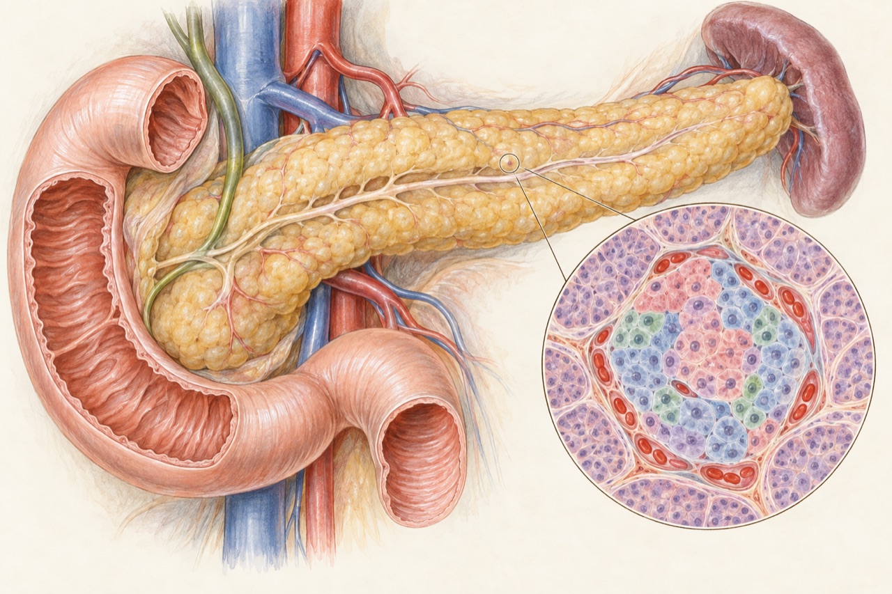 Pankreas dan pembesaran konseptual pulau sel endokrin. Gambar anatomi ini tidak menunjukkan pembentukan sel penghasil insulin setelah terapi.