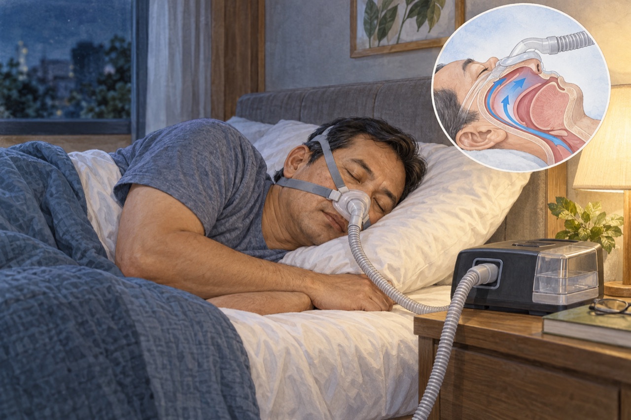 Ilustrasi edukasi tentang bagaimana cpap membantu pernapasan saat tidur.