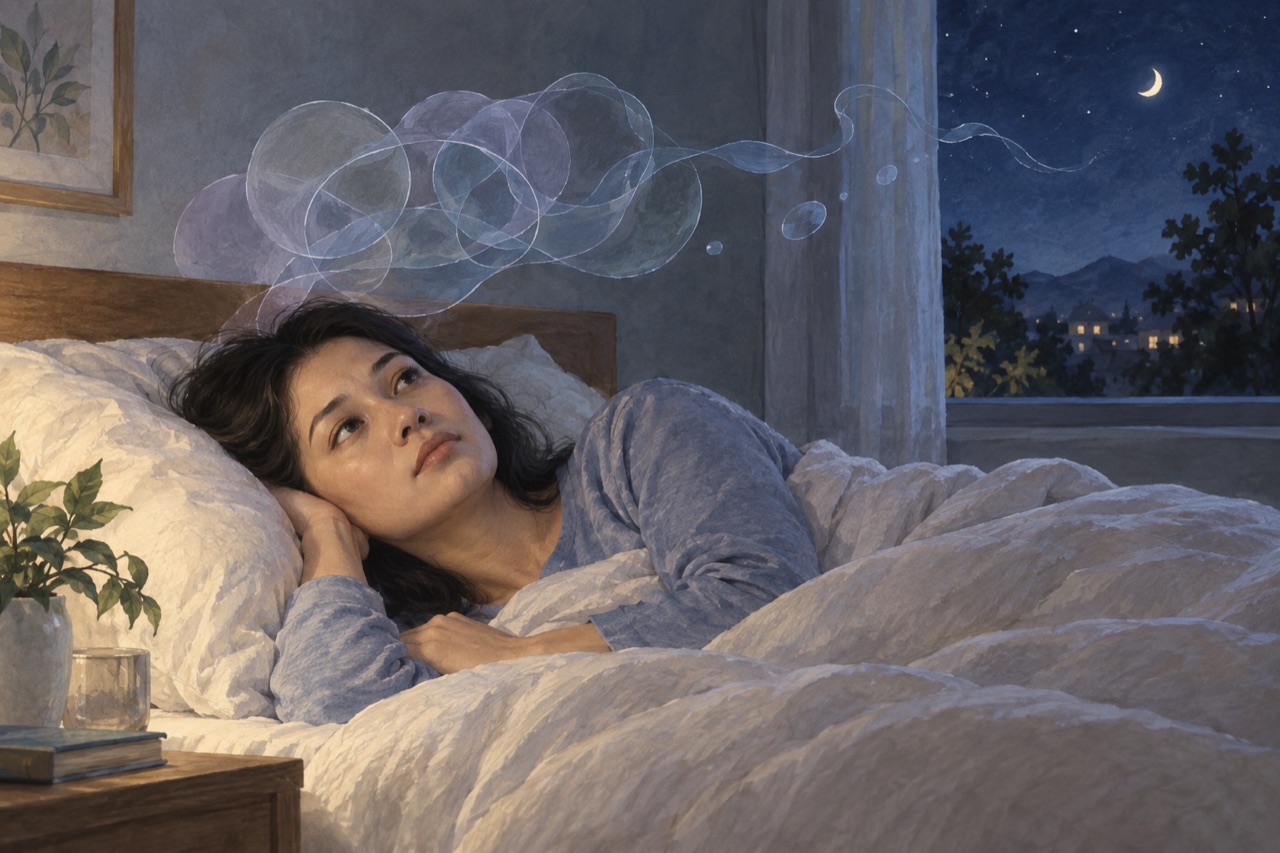 Ilustrasi edukasi tentang kecemasan menjelang tidur dan lingkaran insomnia.