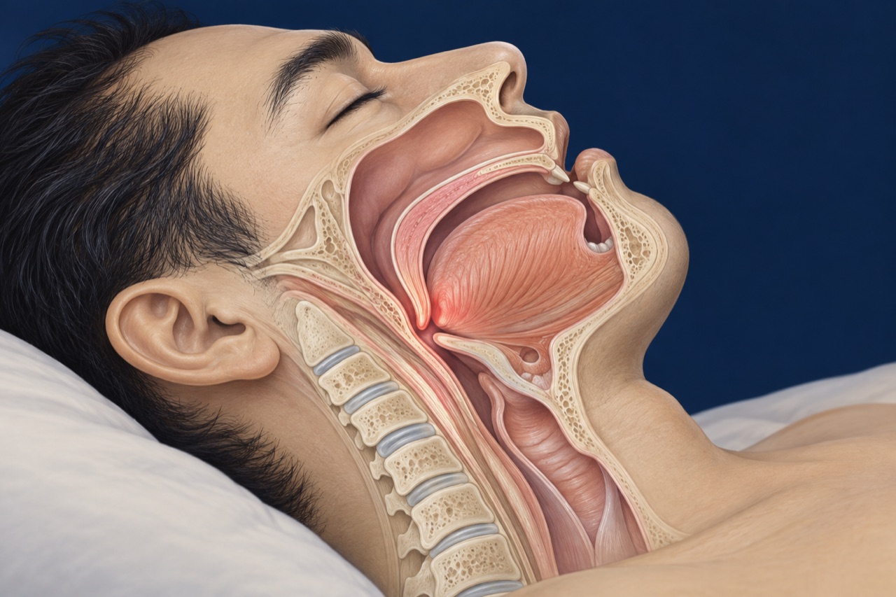 Ilustrasi konseptual penyempitan jalan napas saat tidur. Diagnosis sleep apnea memerlukan penilaian dan pemeriksaan yang sesuai.