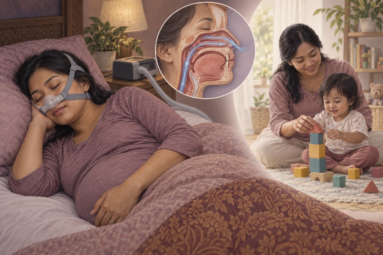 Ilustrasi edukasi tentang tidur ibu dan tumbuh kembang anak dalam penelitian sleep apnea.