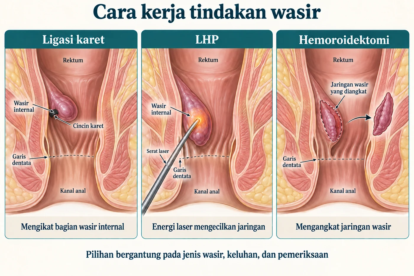 Ilustrasi skematis ligasi karet, energi laser dalam jaringan pada LHP, dan pengangkatan jaringan melalui hemoroidektomi.
