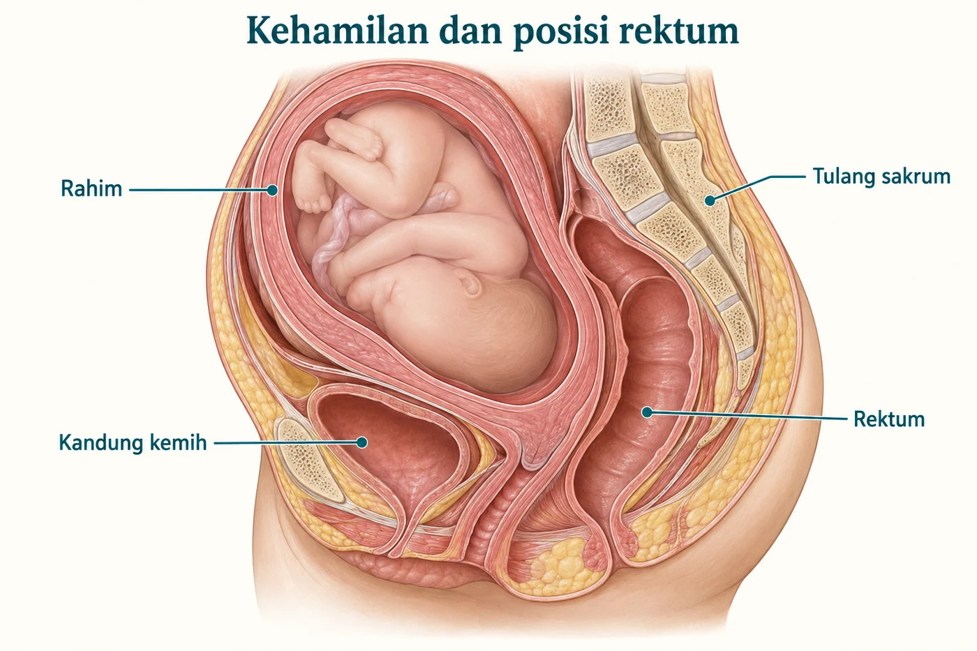Potongan panggul pada kehamilan yang memperlihatkan rahim, kandung kemih, rektum, dan tulang sakrum.
