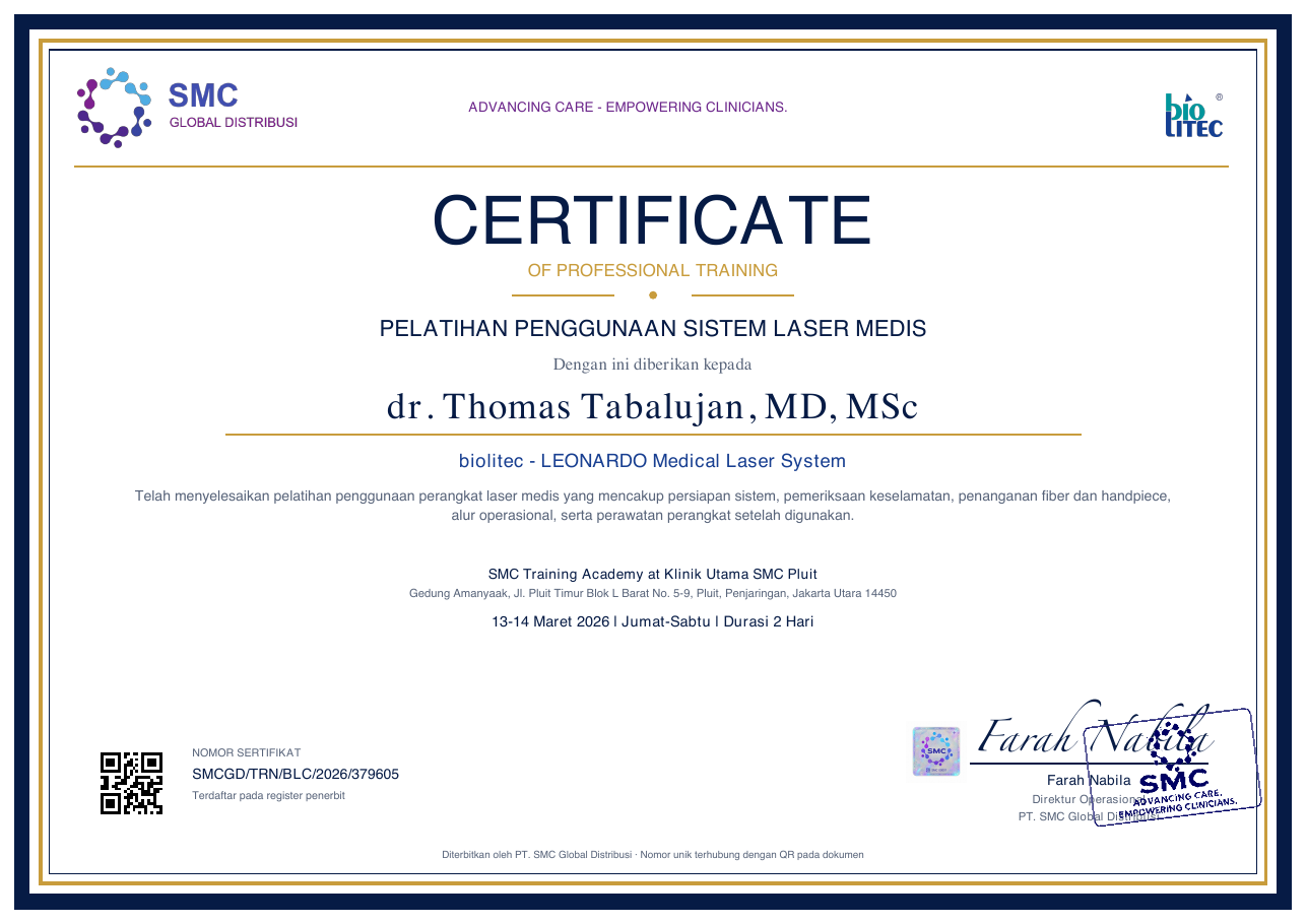 Medical Laser System — dr. Thomas Tabalujan, MD, MSc