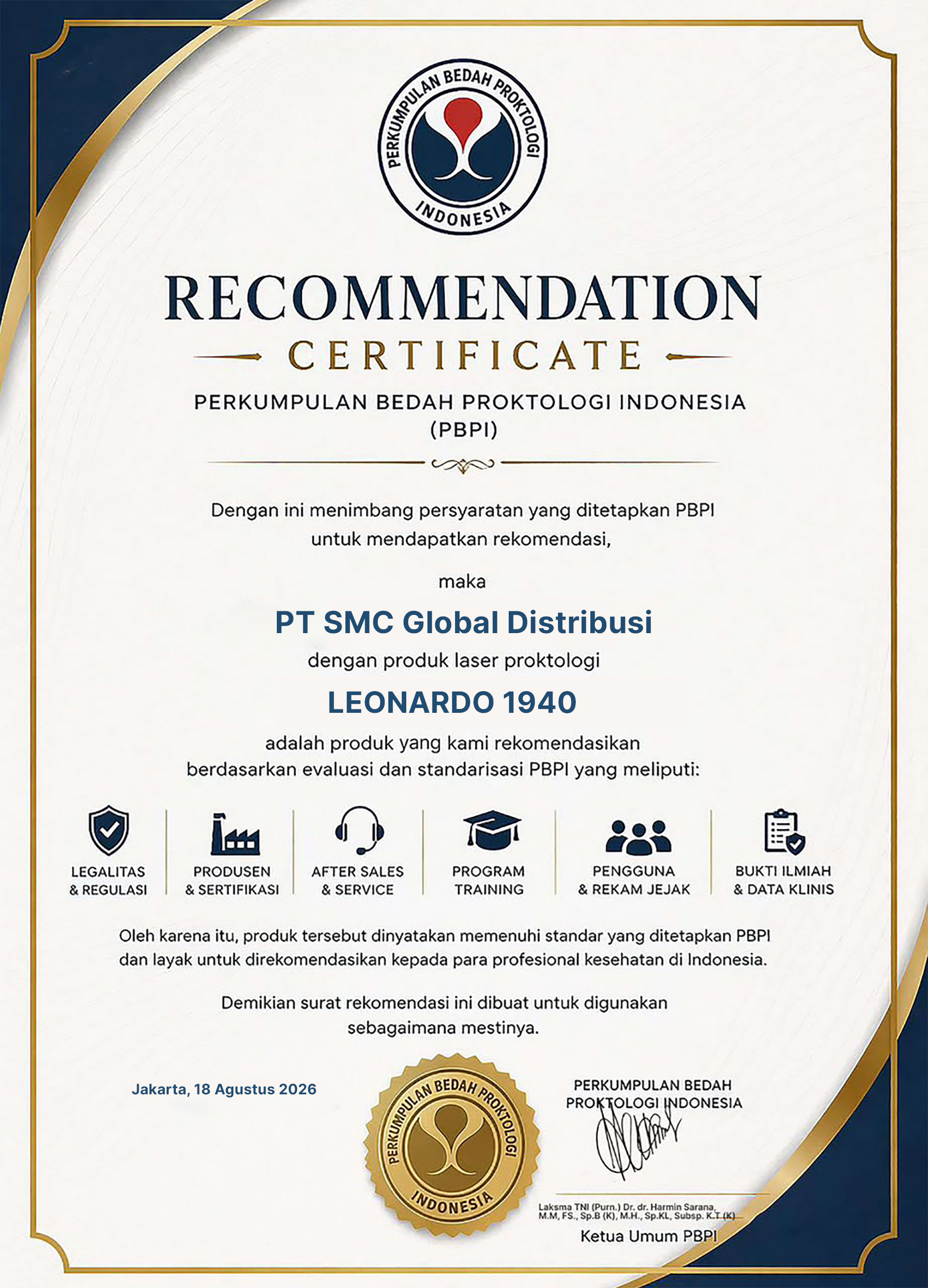 Sertifikat rekomendasi PBPI untuk LEONARDO 1940 atas nama PT SMC Global Distribusi, 18 Agustus 2026