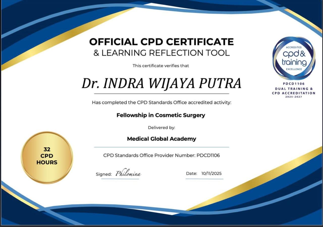 Official CPD Certificate - Fellowship in Cosmetic Surgery — dr. Indra Wijaya Putra, Sp.B, FICS, FINACS