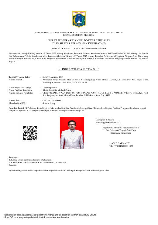 Surat Izin Praktik — dr. Indra Wijaya Putra, Sp.B, FICS, FINACS